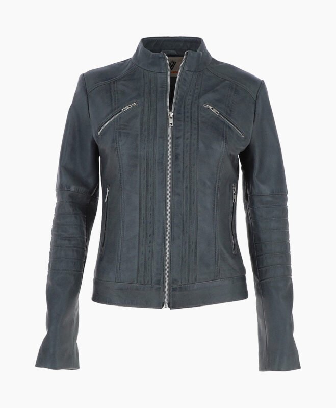 Women's Leather Biker Jacket Gray Arcadia