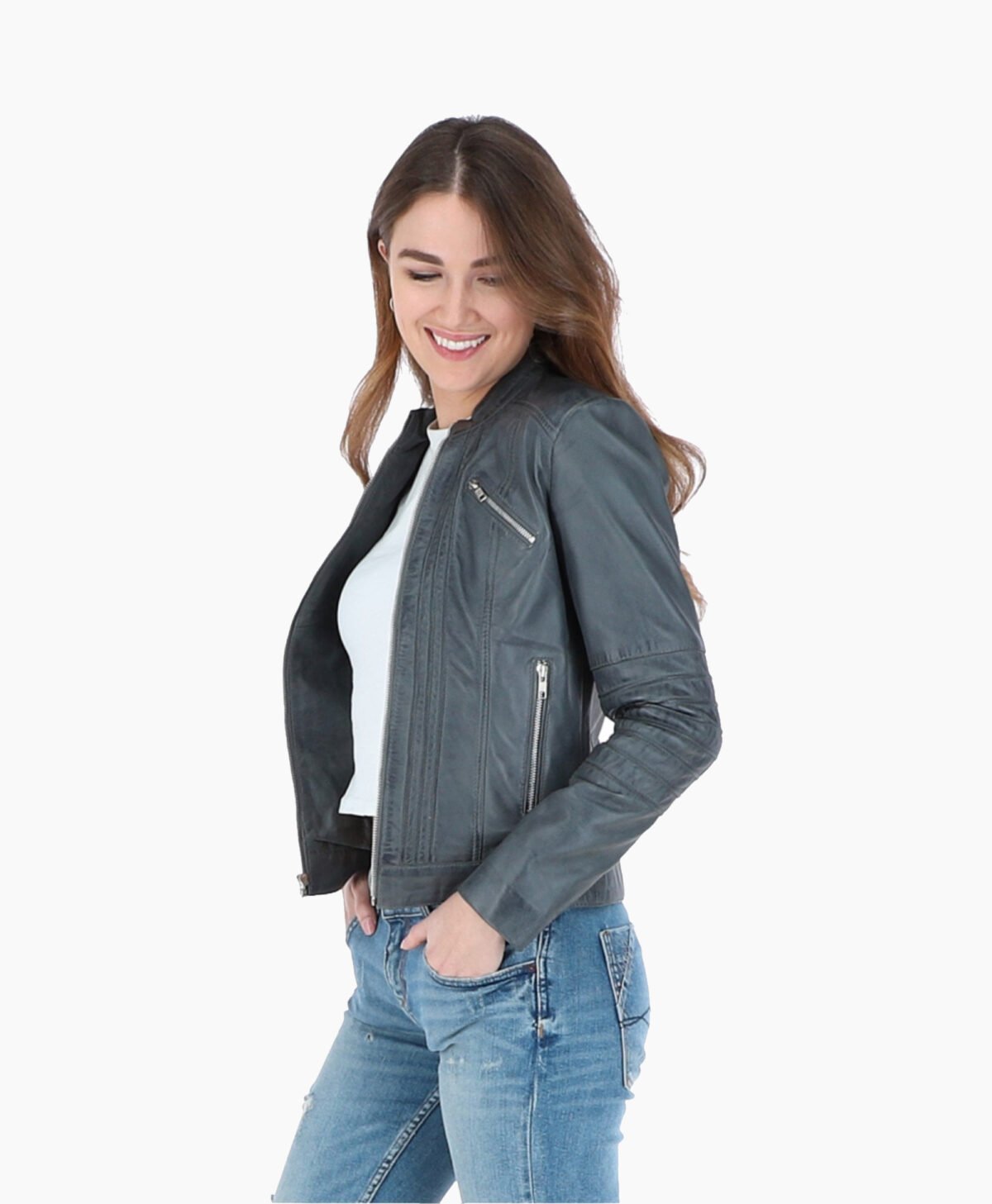 Women's Leather Biker Jacket Gray Arcadia Women's Leather Biker Jacket Gray Arcadia