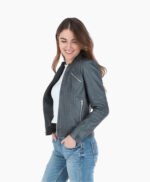 Women's Leather Biker Jacket Gray Arcadia