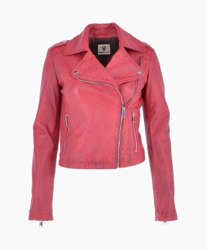 Women's Leather Biker Jacket Raspberry Calexico