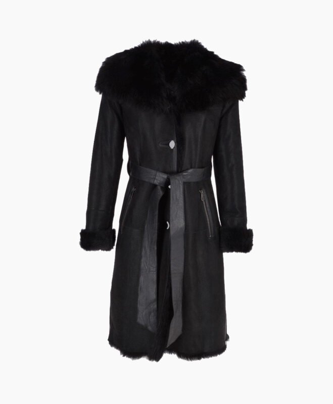 Women's Shearling Hooded Coat Black Clinton