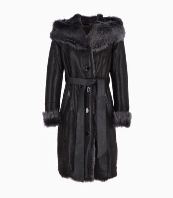 Women's Shearling Hooded Coat Black Gray Clinton