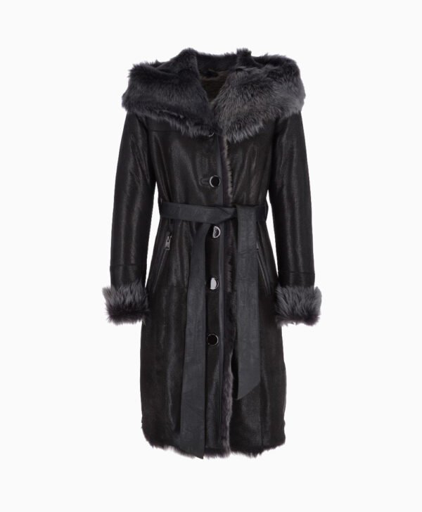 Women's Shearling Hooded Coat Black Gray Clinton