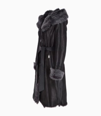 Women's Shearling Hooded Coat Black Gray Clinton