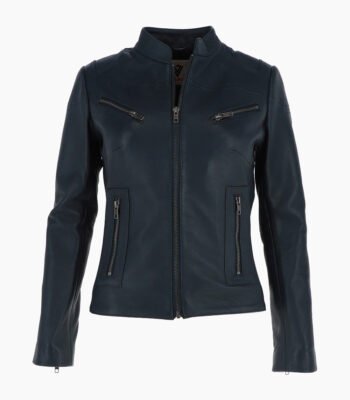 Women's Leather Biker Jacket Navy Derby