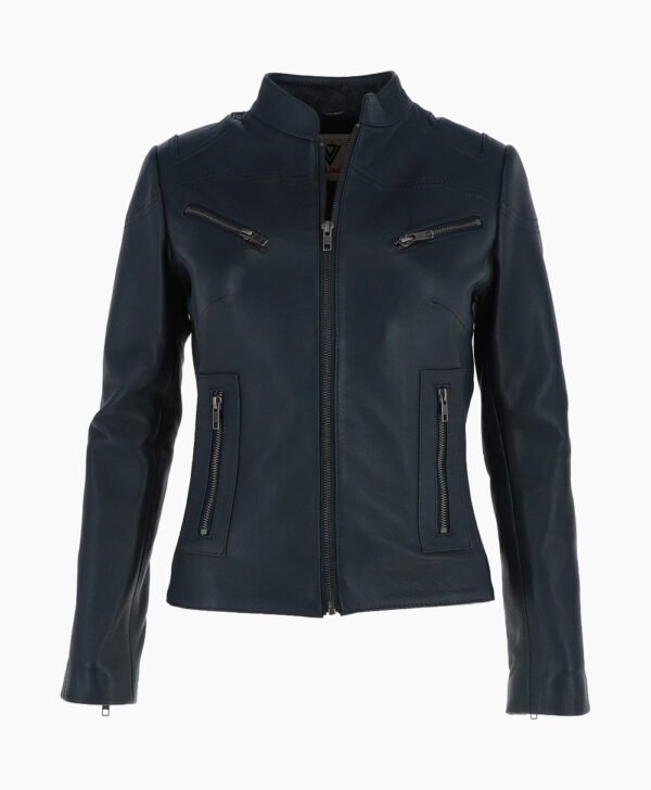 Women's Leather Biker Jacket Navy Derby