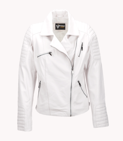 Women's Leather Biker Jacket White Canon