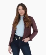 Women's Leather Biker Jacket Burgundy Alton
