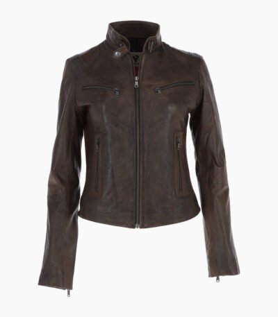 Women's Leather Biker Jacket Chocolate Alton