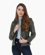 Women's Leather Biker Jacket Green Alton