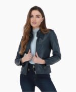 Women's Leather Biker Jacket Navy Alton