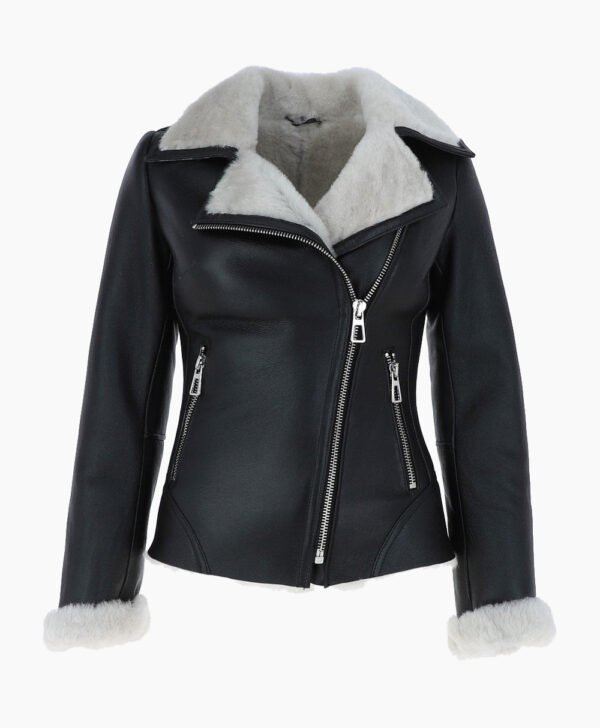 Women's Shearling Leather Jacket Black White Alexander