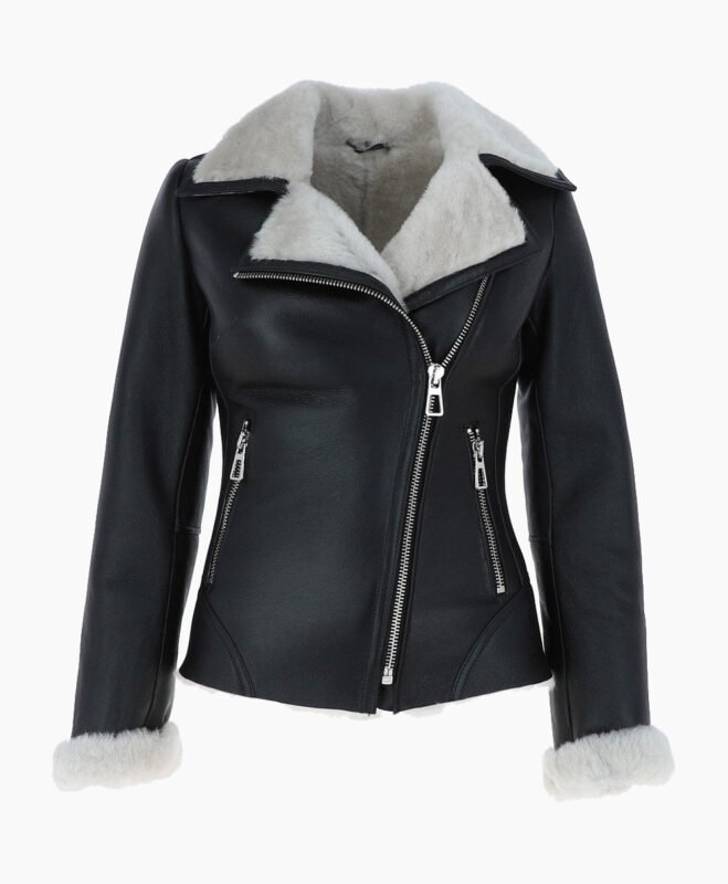 Women's Shearling Leather Jacket Black White Alexander