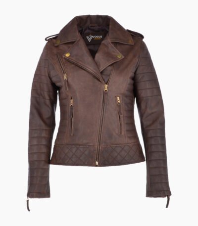 Women's Leather Biker Jacket Brown Brunswick