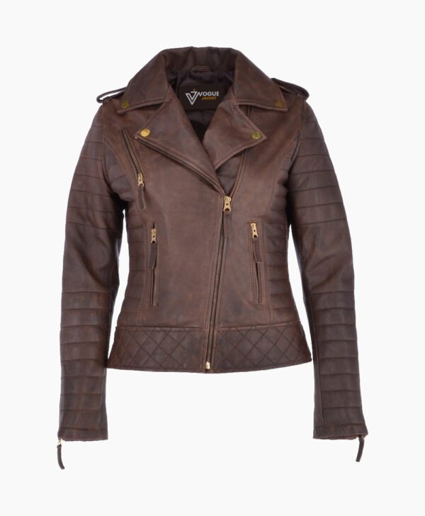 Women's Leather Biker Jacket Brown Brunswick