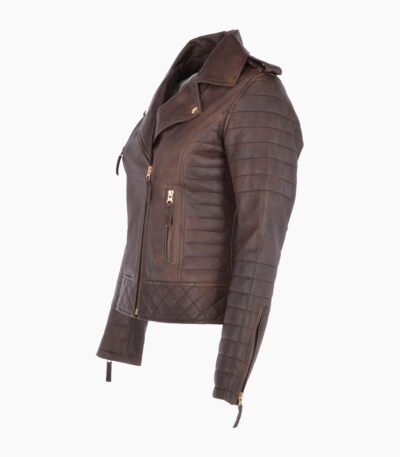 Women's Leather Biker Jacket Brown Brunswick