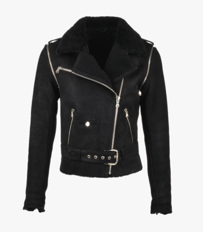Women's Leather Biker Pilot Jacket Black Saugus