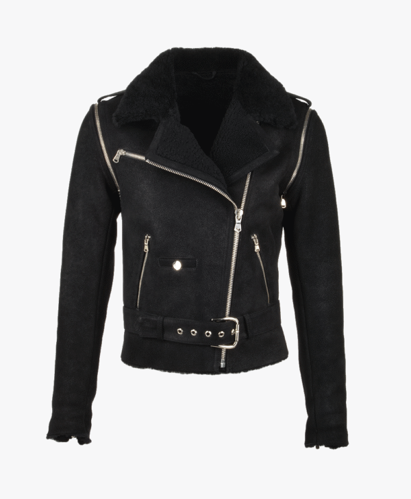 Women's Leather Biker Pilot Jacket Black Saugus