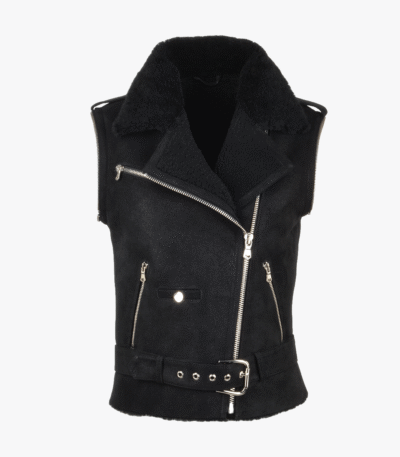 Women's Leather Biker Pilot Jacket Black Saugus