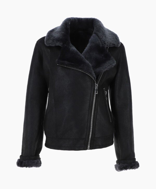 Women's Shearling Sheepskin Aviator Jacket Black Lenox