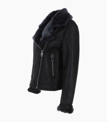 Women's Shearling Sheepskin Aviator Jacket Black Lenox