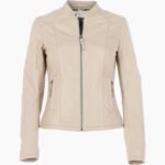 Women's Leather Biker Jacket Beige Cicero