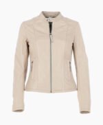 Women's Leather Biker Jacket Beige Cicero