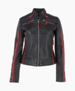 Women's Leather Biker Jacket Black Red Rockford
