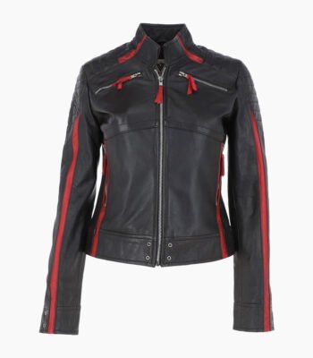 Women's Leather Biker Jacket Black Red Rockford