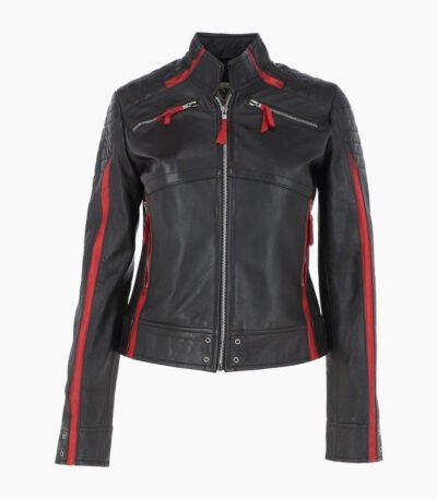 Women's Leather Biker Jacket Black Red Rockford