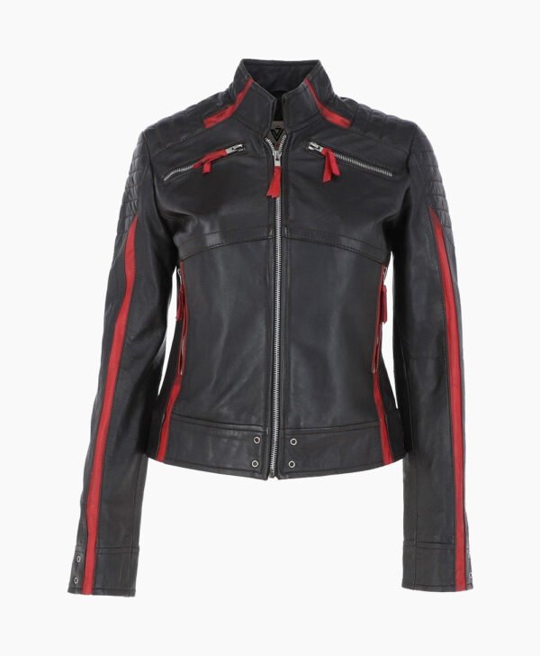 Women's Leather Biker Jacket Black Red Rockford
