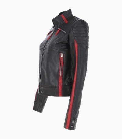 Women's Leather Biker Jacket Black Red Rockford