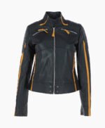 Women's Leather Biker Jacket Black Yellow Rockford