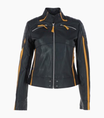 Women's Leather Biker Jacket Black Yellow Rockford