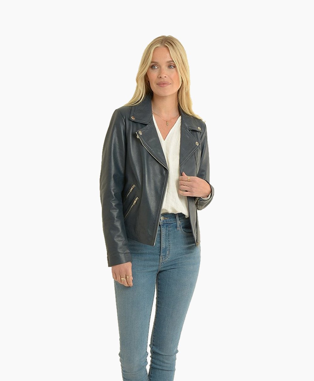 Women's Leather Biker Jacket Navy Amsterdam Women's Leather Biker Jacket Navy Amsterdam