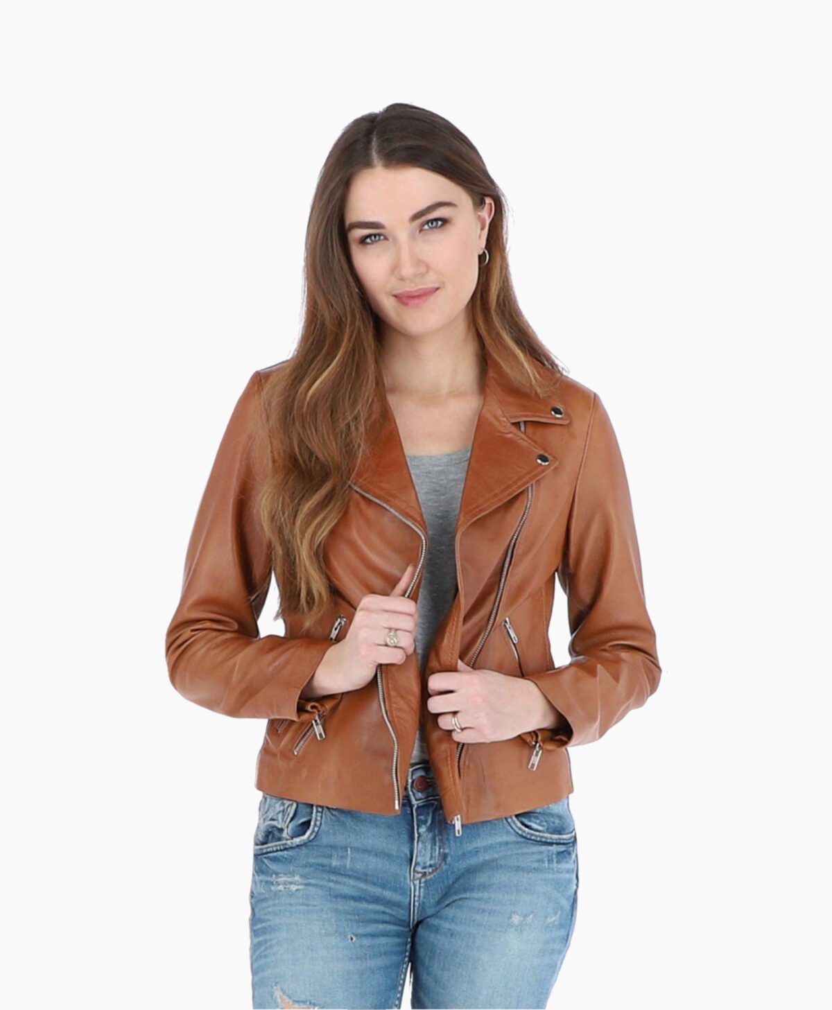 Women's Leather Biker Jacket Tan Amsterdam
