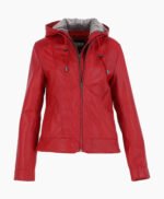Women's Leather Hooded Jacket Red Sarasota