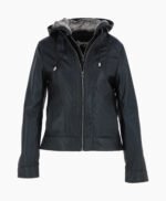 Women's Leather Hooded Jacket Black Sarasota