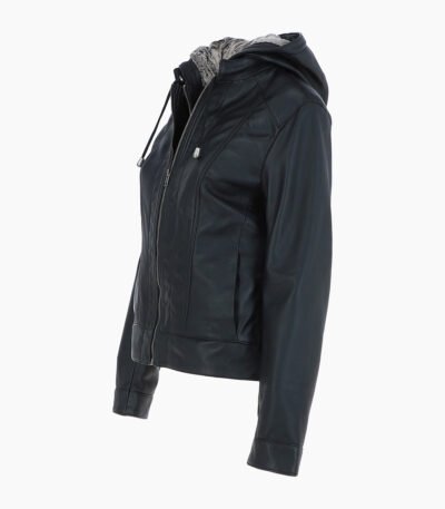 Women's Leather Hooded Jacket Black Sarasota
