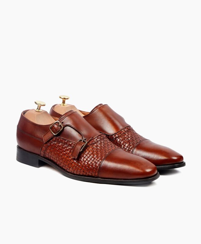 Dawlish Double Monkstrap Reddish Brown Hand Woven Calf Leather Shoes