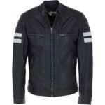 Men's Leather Biker Jacket with Bold Contrasting Stripe Black Casper