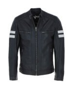 Men's Leather Biker Jacket with Bold Contrasting Stripe Black Casper