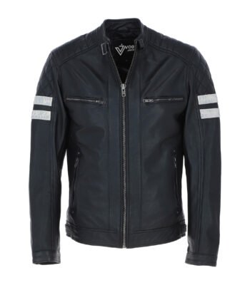 Men's Leather Biker Jacket with Bold Contrasting Stripe Black Casper