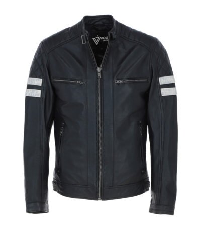 Leather Biker Jacket with Bold Contrasting Stripe Black Casper