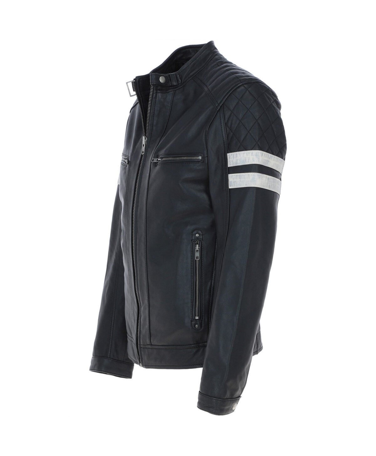Leather Biker Jacket with Bold Contrasting Stripe Black Casper