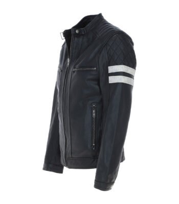 Men's Leather Biker Jacket with Bold Contrasting Stripe Black Casper