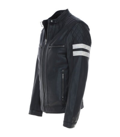 Men's Leather Biker Jacket with Bold Contrasting Stripe Black Casper