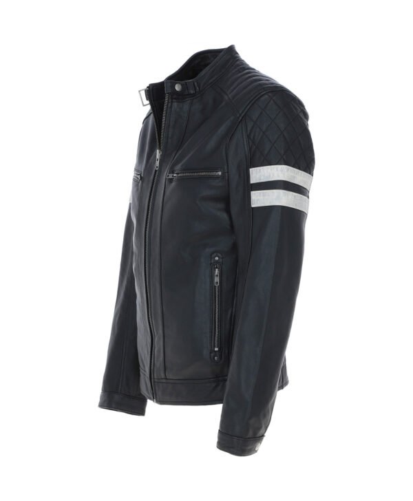Leather Biker Jacket with Bold Contrasting Stripe Black Casper