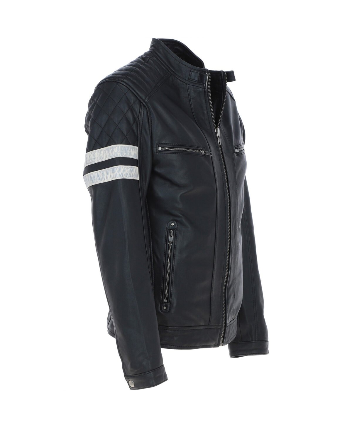 Leather Biker Jacket with Bold Contrasting Stripe Black Casper