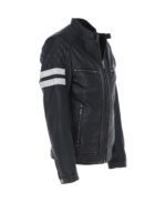 Men's Leather Biker Jacket with Bold Contrasting Stripe Black Casper